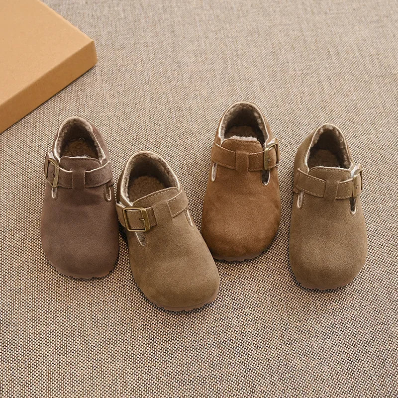 Kids Winter Suede Moccasins – Non-Slip Soft Sole Flat Shoes for Boys & Girls (Ages 3–12)