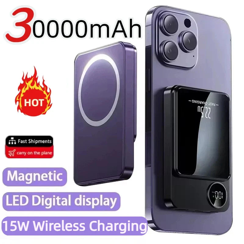 30,000mAh Magnetic Power Bank 22.5W Fast Wireless Portable Charger, Ultra-Thin PD 15W Dual USB LED Display