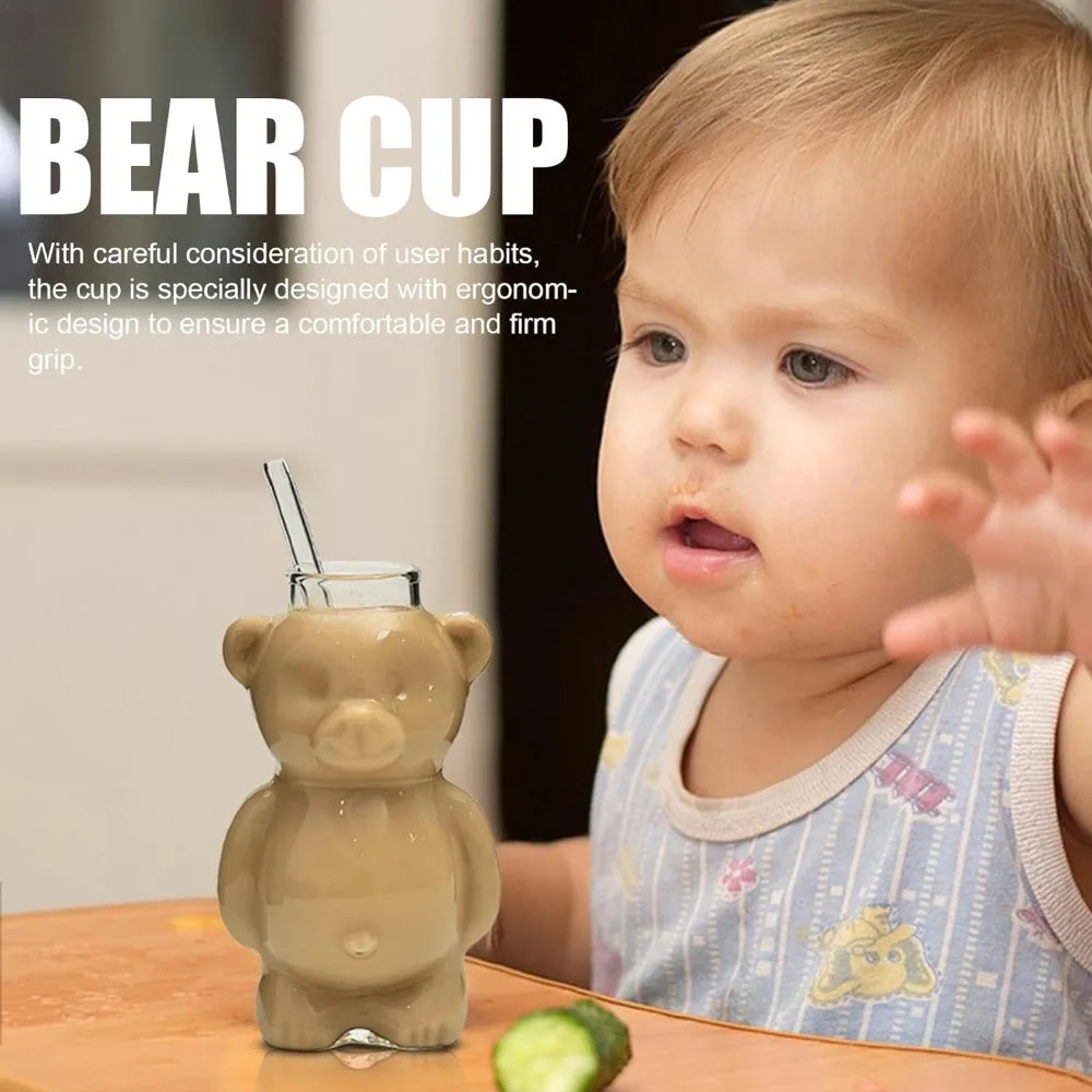 Cute Bear Glass Mug with Straw 320ml (11 fl oz) - Kawaii Cartoon Coffee & Milk Cup