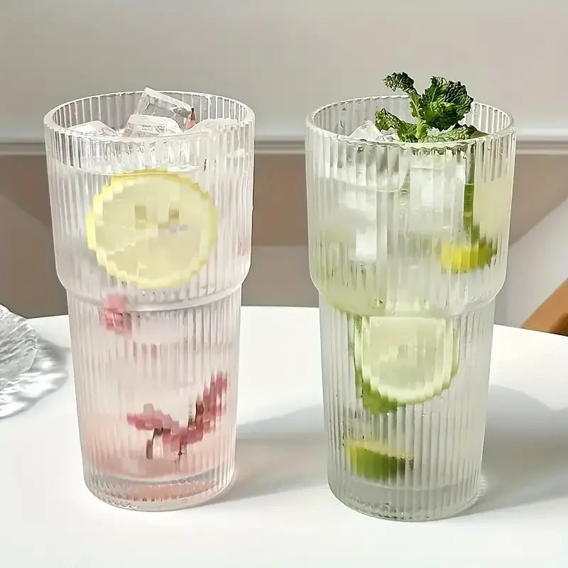 600ml (20 oz) Striped Glass Tumbler with Lid & Straw - Clear Drinking Cup for Juice, Water & Iced Coffee (Single or 2-Pack)