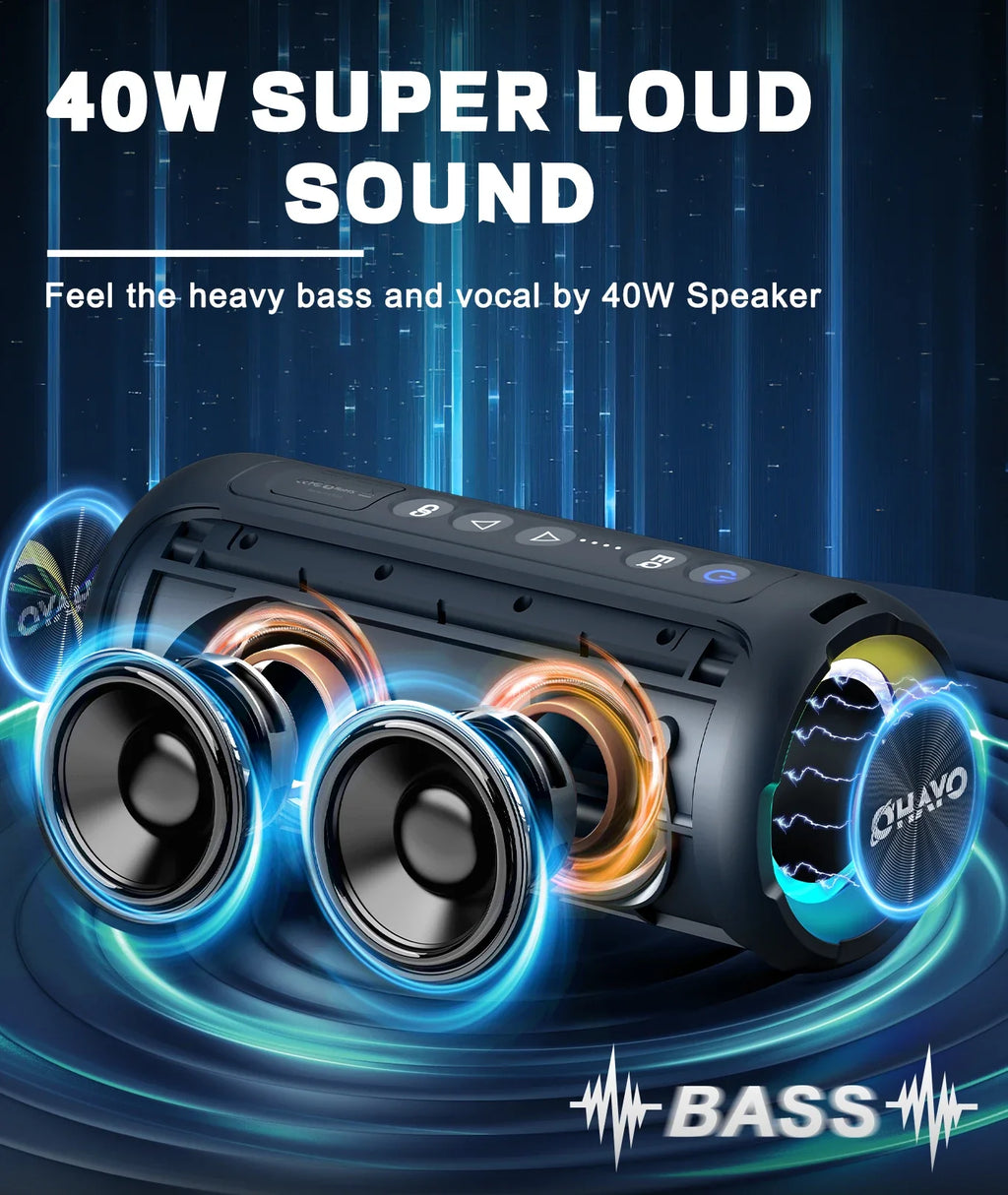 40W Portable Bluetooth Speaker — Bluetooth 5.3, IPX7 Waterproof, Deep Bass, LED Lights, 6600mAh Battery, TWS, AUX/TF