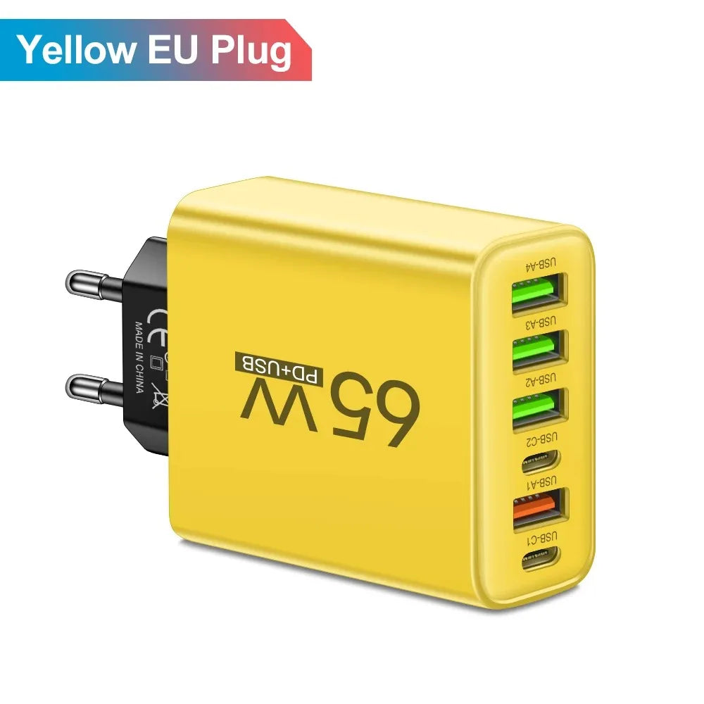 65W 6-Port USB Charger (2x USB-C + 4x USB-A) QC3.0 Fast Charge Travel Wall Adapter for Smartphones