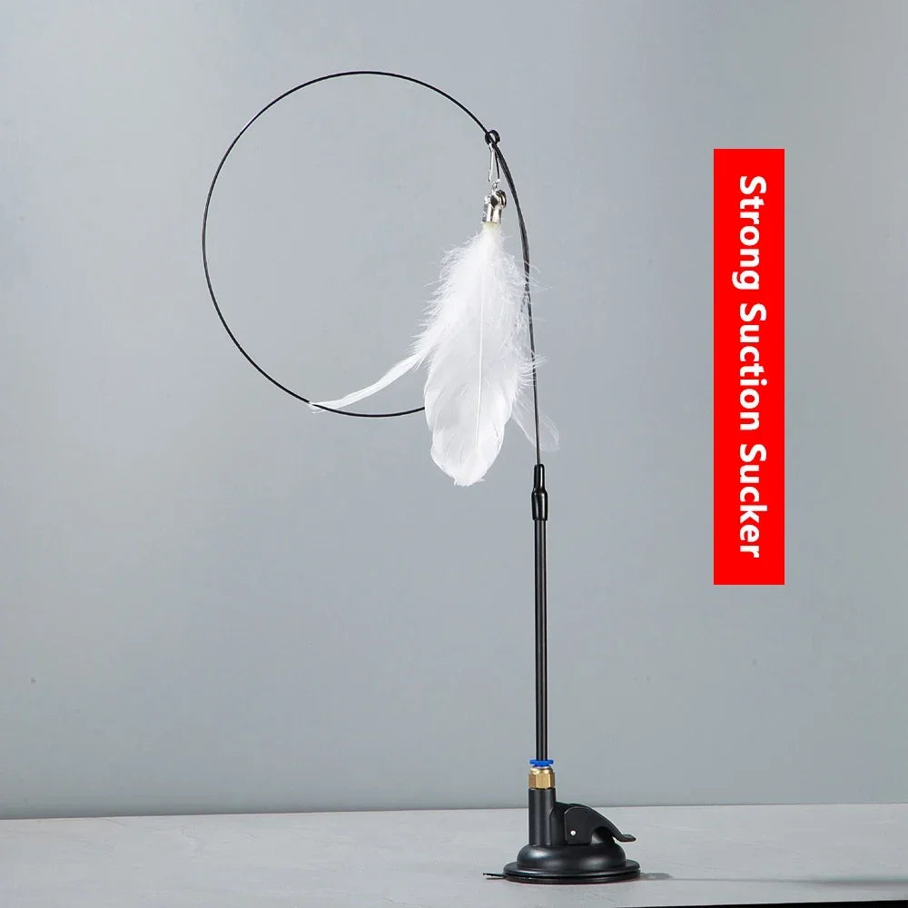 Interactive Cat Feather Teaser Wand with Bell, Extendable Rod, Suction Cup & Replaceable Feather Head