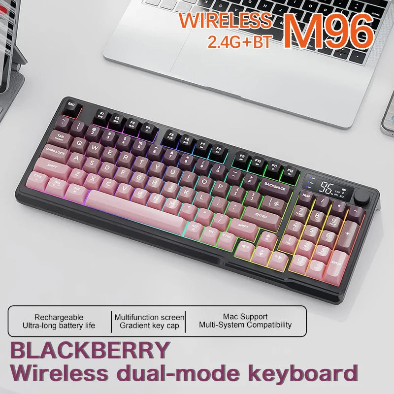 96-Key Bluetooth & 2.4G Wireless Gaming Keyboard with Smart Screen, RGB Backlight, Ergonomic PBT Keycaps — Multi-Device for PC Laptop Tablet