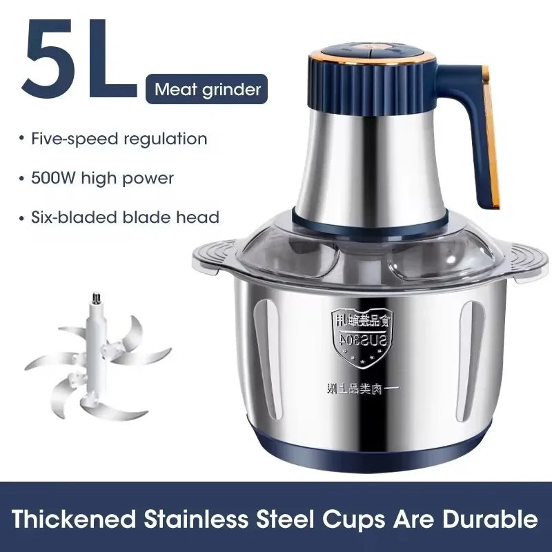 Electric Meat Grinder 5L (1.32 US gal / 5.28 qt) Stainless Steel Food Processor and Vegetable Chopper 200W 5-Speed