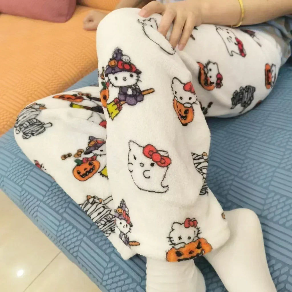 Women’s Flannel Fleece Pajama Pants – Kawaii Cartoon Elastic Waist Lounge & Sleep Trousers, Soft Anime Sleepwear Gift
