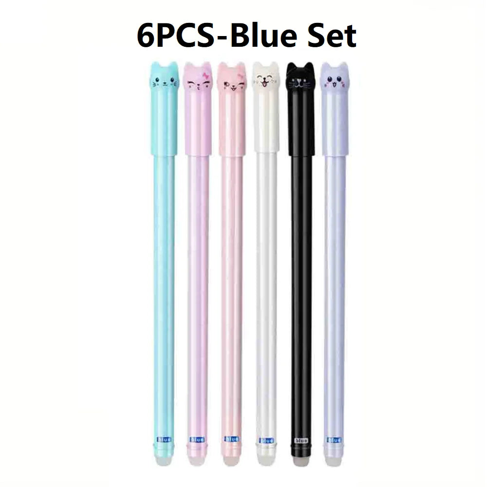 4/6/12-Pack Kawaii Cat Erasable Gel Pens 0.5mm Black & Blue Ink Refillable Cute School & Office Stationery