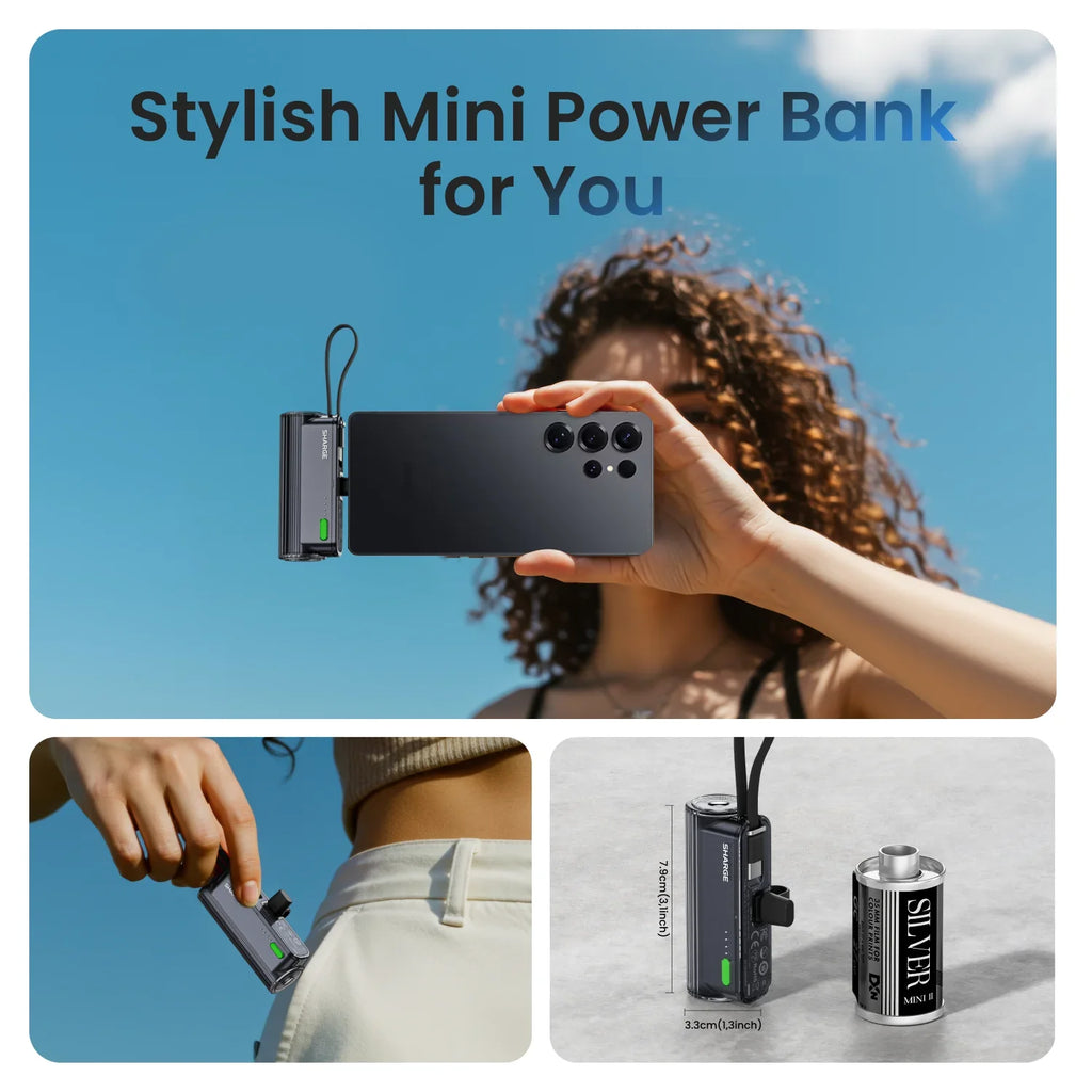 Flow Mini Portable Power Bank 5000mAh 22.5W Fast Charging Dual USB-C with Built-in Lightning & USB-C Cables