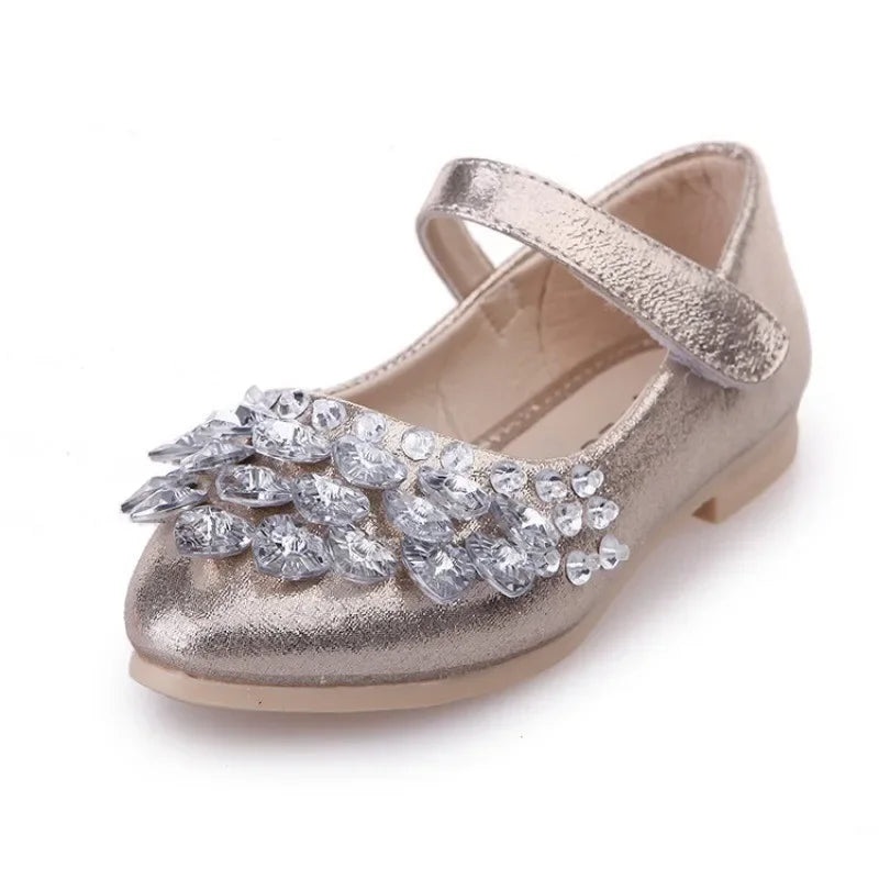 Girls Crystal Princess Flats – Shiny PU Leather Party & Wedding Shoes for Kids, EU Sizes 26-36 (Gold Pink Silver)
