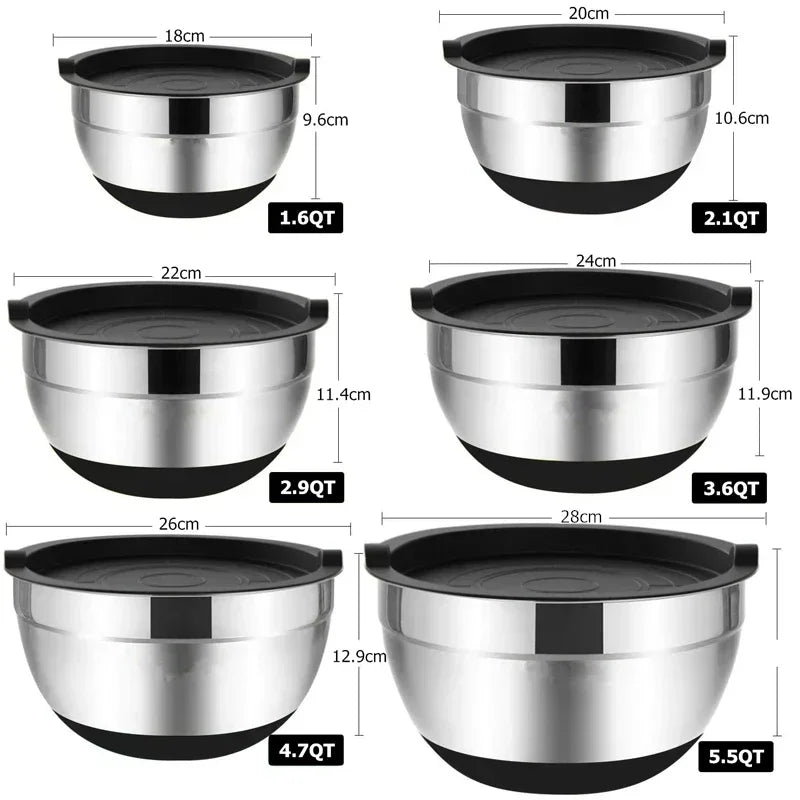 6-Piece Stainless Steel Mixing Bowls with Lids & Silicone Non-Slip Bases — Thickened Baking and Salad Bowls