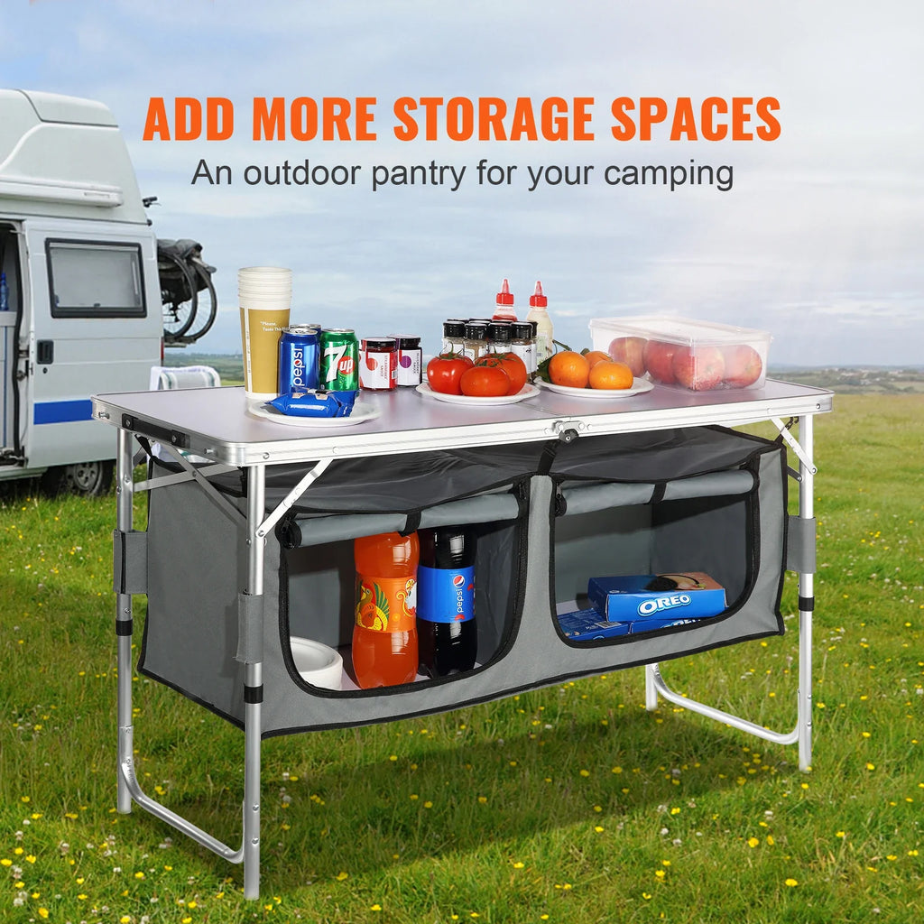 Portable Folding Camping Kitchen Table with Storage Bag – Aluminum Picnic Cook Station, Adjustable Height 21.45 / 24.4 / 27.56 in (54.5 / 62 / 70 cm)