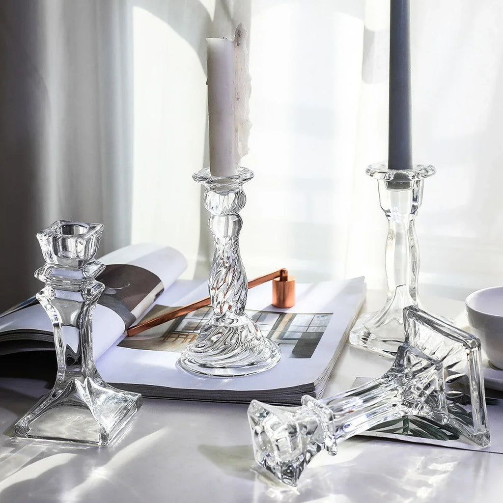 Clear Glass Pillar Candle Holder Table Candlestick for Dining Room Decor