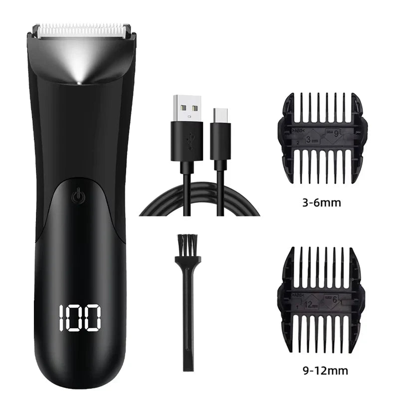 Men's Groin & Body Hair Trimmer Electric Wet and Dry Shaver with Stainless Steel Blade and 2 Guard Combs
