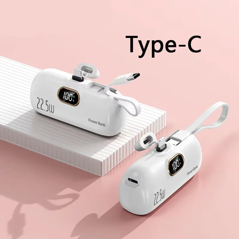 50000mAh Mini Capsule Power Bank 22.5W Fast Charging Portable External Battery with Built-in Cables & Digital Display Compatible with iPhone Huawei Samsung