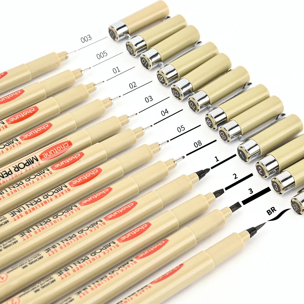 12-Pack Pigment Liner Ink Pens — Needle & Hook Tip Fineliners for Manga Drawing, Sketching & Illustration