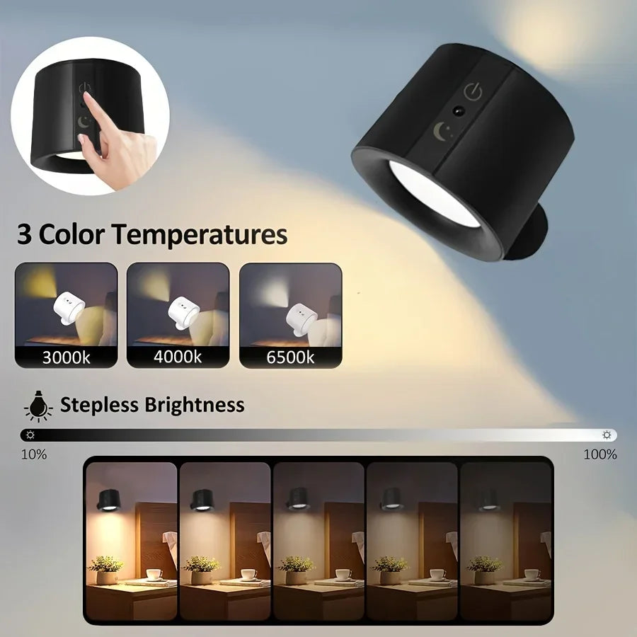 Double-Head Magnetic LED Wall Lamp Rechargeable 360° Rotating Dimmable Spotlight with Wireless Remote for Bedroom and Living Room