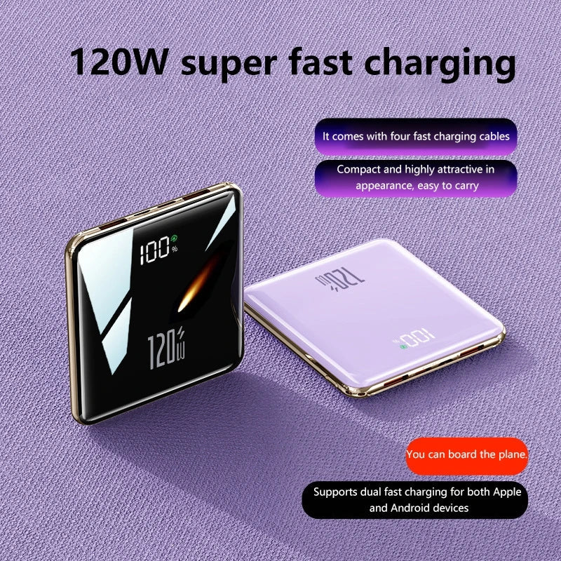 50000mAh Mini Power Bank - Large Capacity Fast Charging Portable Charger with 4 Built-In Cables (USB-C, Lightning, Micro USB) for Smartphones