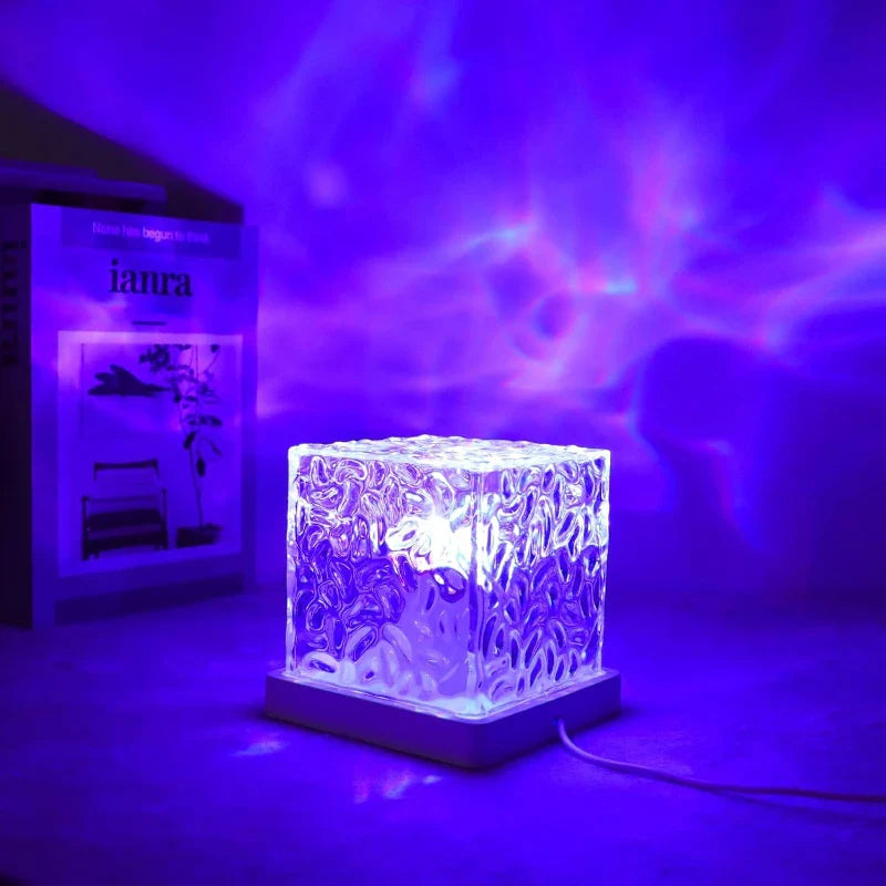 16-Color Rotating Water Ripple Projector Night Light - Dynamic Mood Lamp with Acrylic Crystal Wood Base for Home Decor