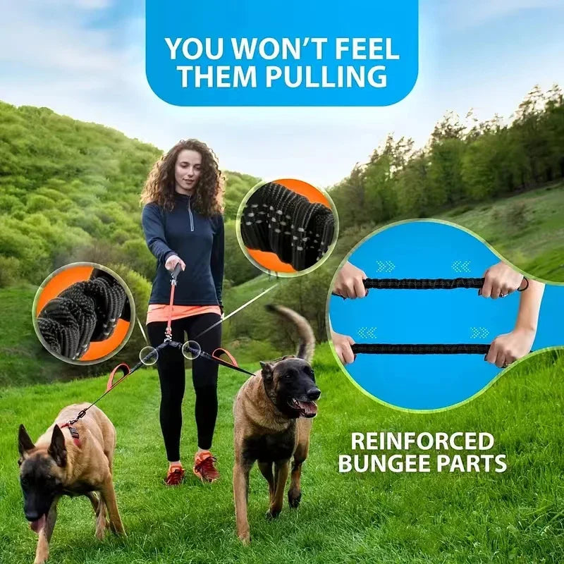 Dual Dog Leash Coupler – Padded No-Tangle Bungee Leash with 360° Swivel, Reflective & Shock-Absorbing