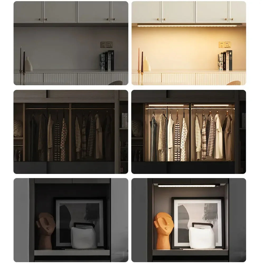 USB Rechargeable LED Motion Sensor Bar Light — Dimmable 3-Color Under-Cabinet Night Light, 10/20/30/40/50 cm (4–20 in)