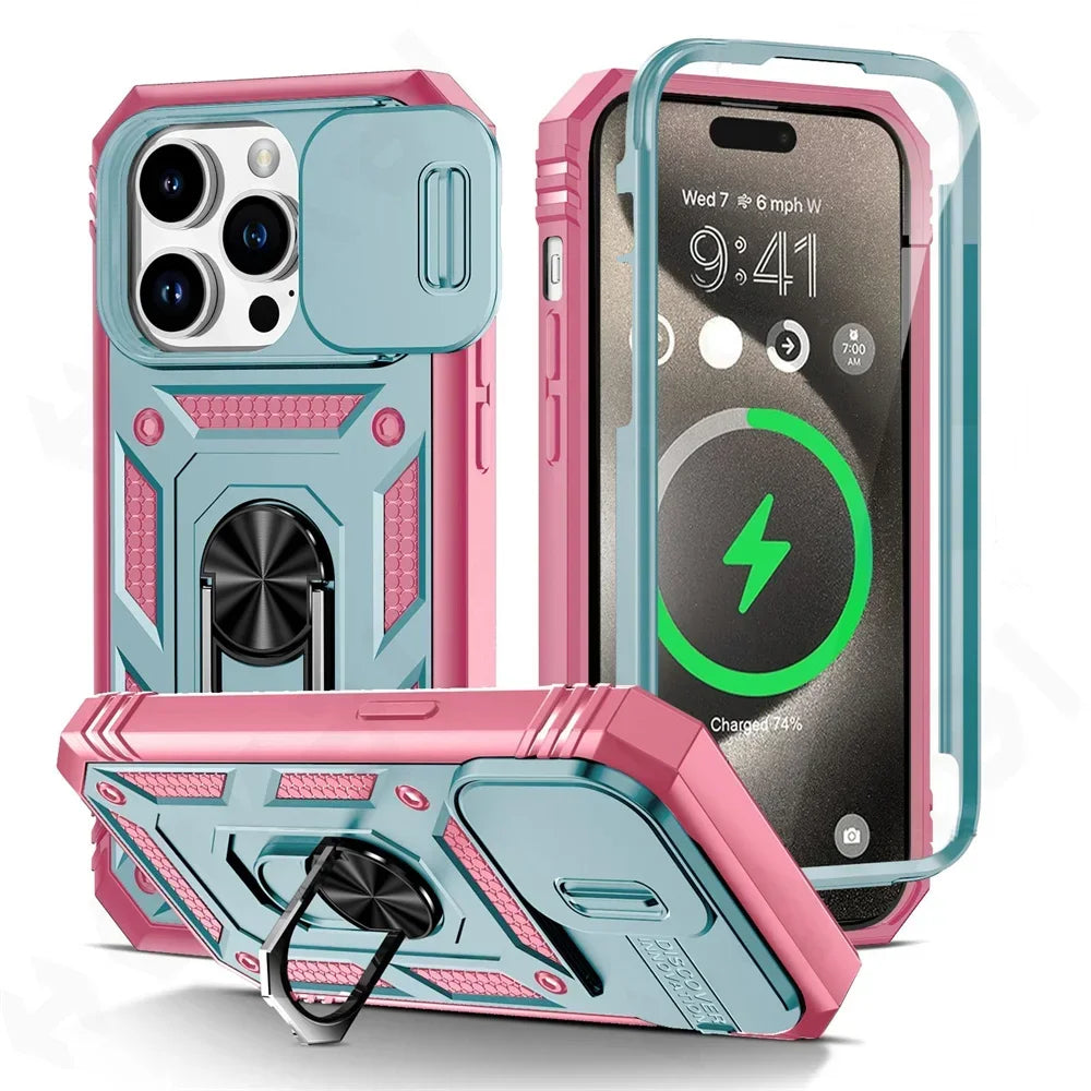 Case For iPhone 16 15 14 13 12 11 Pro XS Max XR Plus Camera Slide Military Grade Armor Protection 360 Degree Rotate Armor Cover