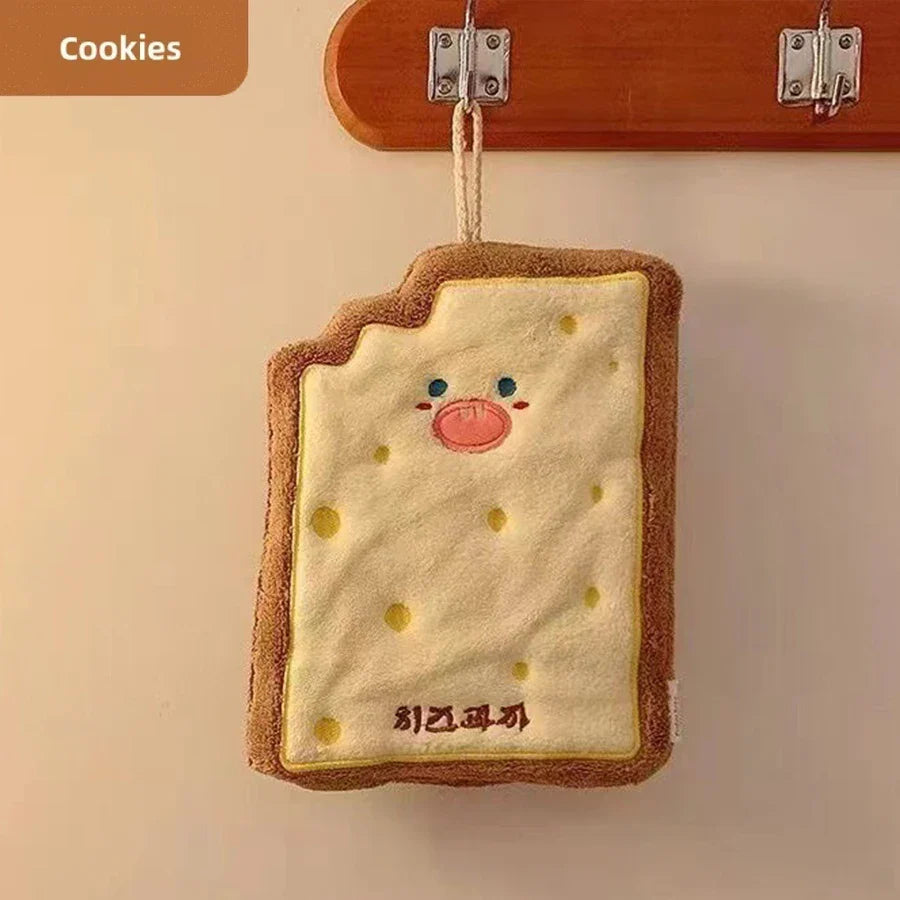 Cute Food-Shaped Coral Velvet Hand Towel — Absorbent Kitchen & Bathroom Cloth (Cheese Toast Cookie Donut)