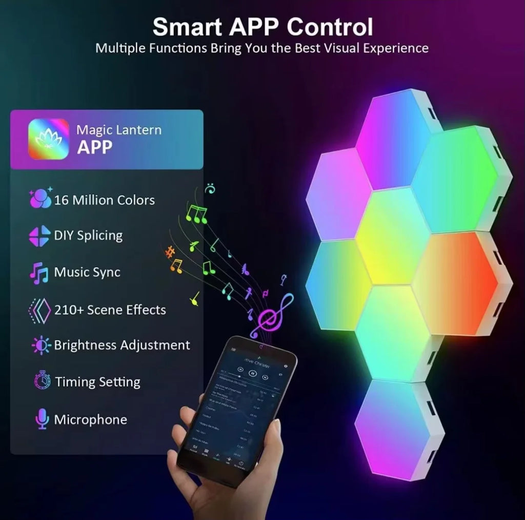 RGB Hexagonal Smart Wall Lamp – DIY Color-Changing Ambient Night Light with Music Sync & App Control for Game Room and Bedroom