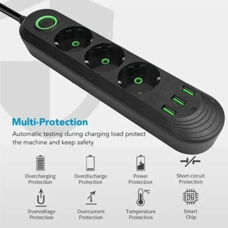 2500W EU Plug Power Strip, 5 Outlets & 3 USB Ports, Overload Protection with Master Switch