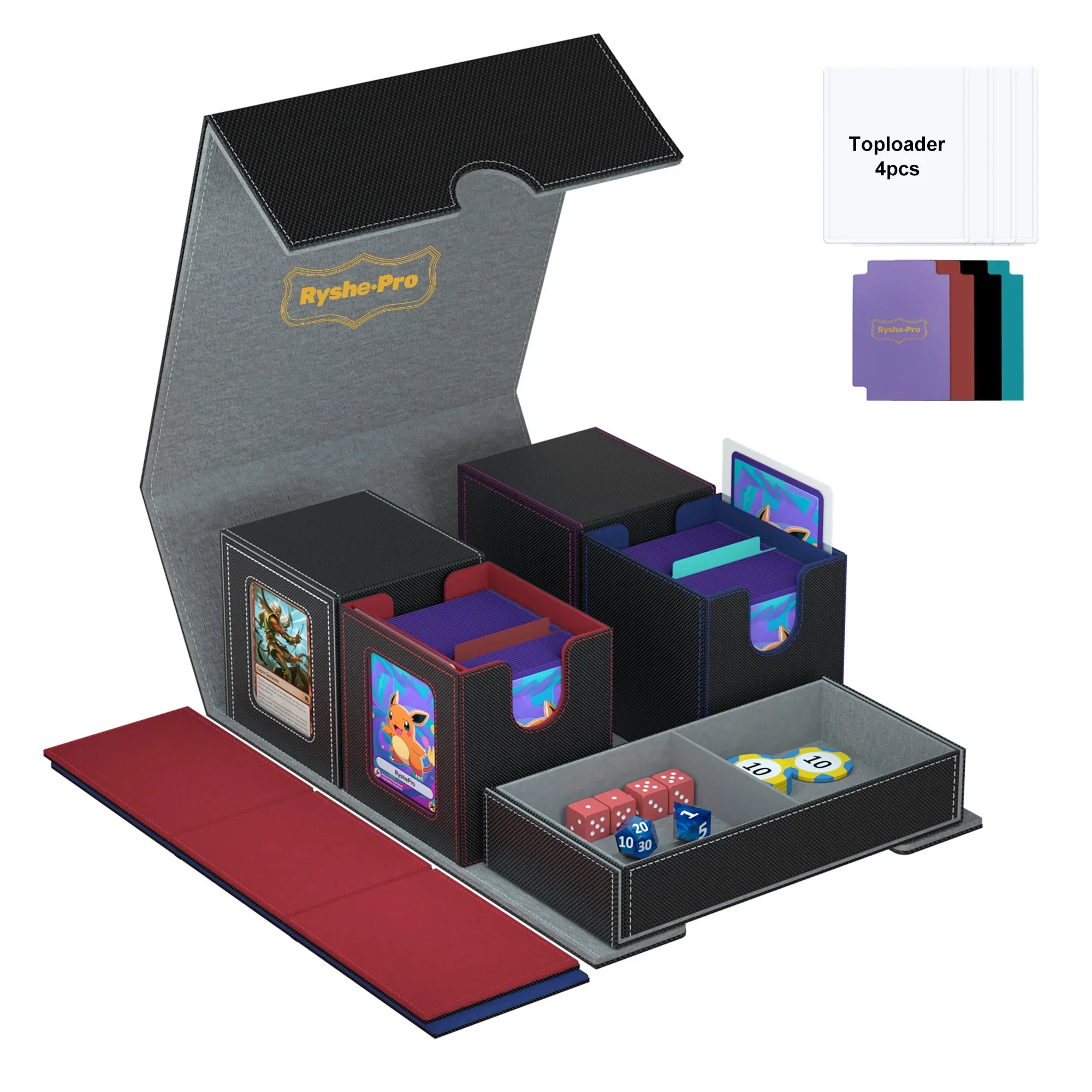 3-in-1 Deck Box Card Storage - Fits 200+ Single-Sleeved Cards, 4 Dividers & 2 Toploaders for MTG TCG CCG