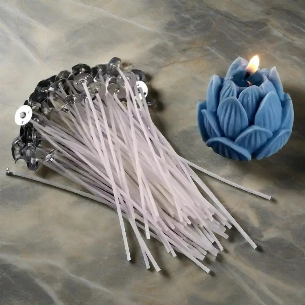 Pre-Waxed Cotton Candle Wicks 100-Pack (2.6–20 cm / 1.0–7.9 in) with Metal Bases, Adhesive Stickers & Holders — DIY Candle Making Kit