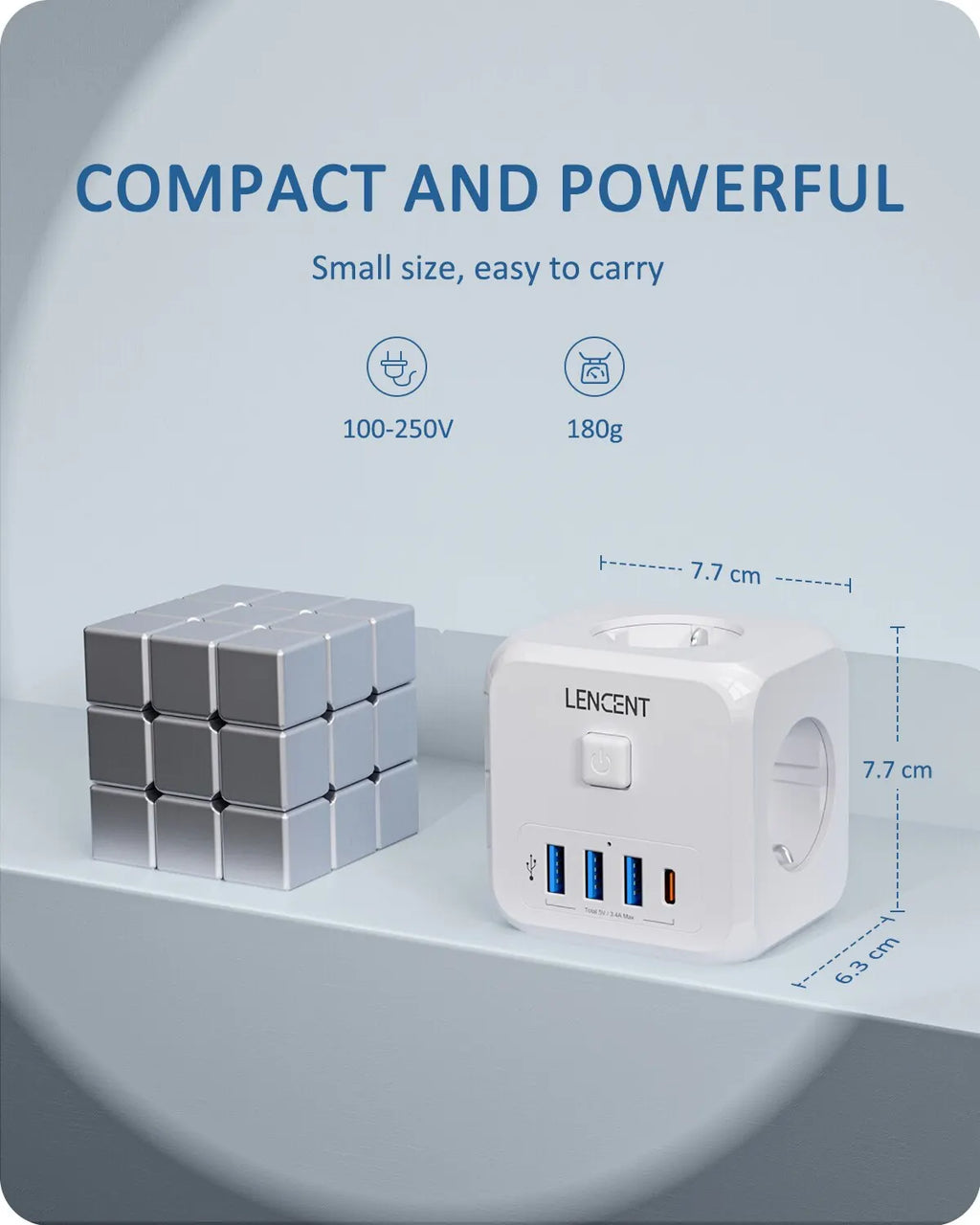7-in-1 EU Plug Charger — 3 AC Outlets + 3 USB-A + 1 USB-C PD Wall Socket Extender with On/Off Switch