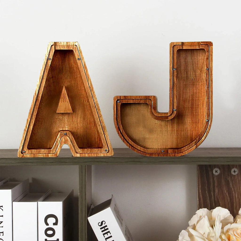 26-Letter Wooden Piggy Bank Alphabet Moneybox Coin Saving Box for Kids Desktop Home Decor