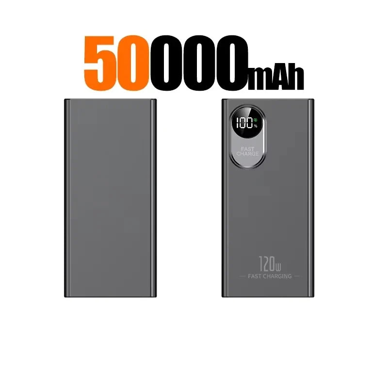 50000mAh 120W Portable Power Bank with Digital Display, Built-in Cables & Wireless Charging — Fast USB-C & Lightning