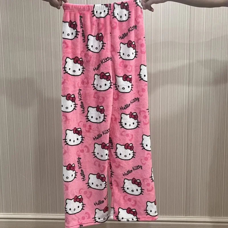 Hello Kitty Flannel Pajama Pants – Kawaii Cartoon Velvet Lounge Pants for Girls & Women, Fall Winter Home