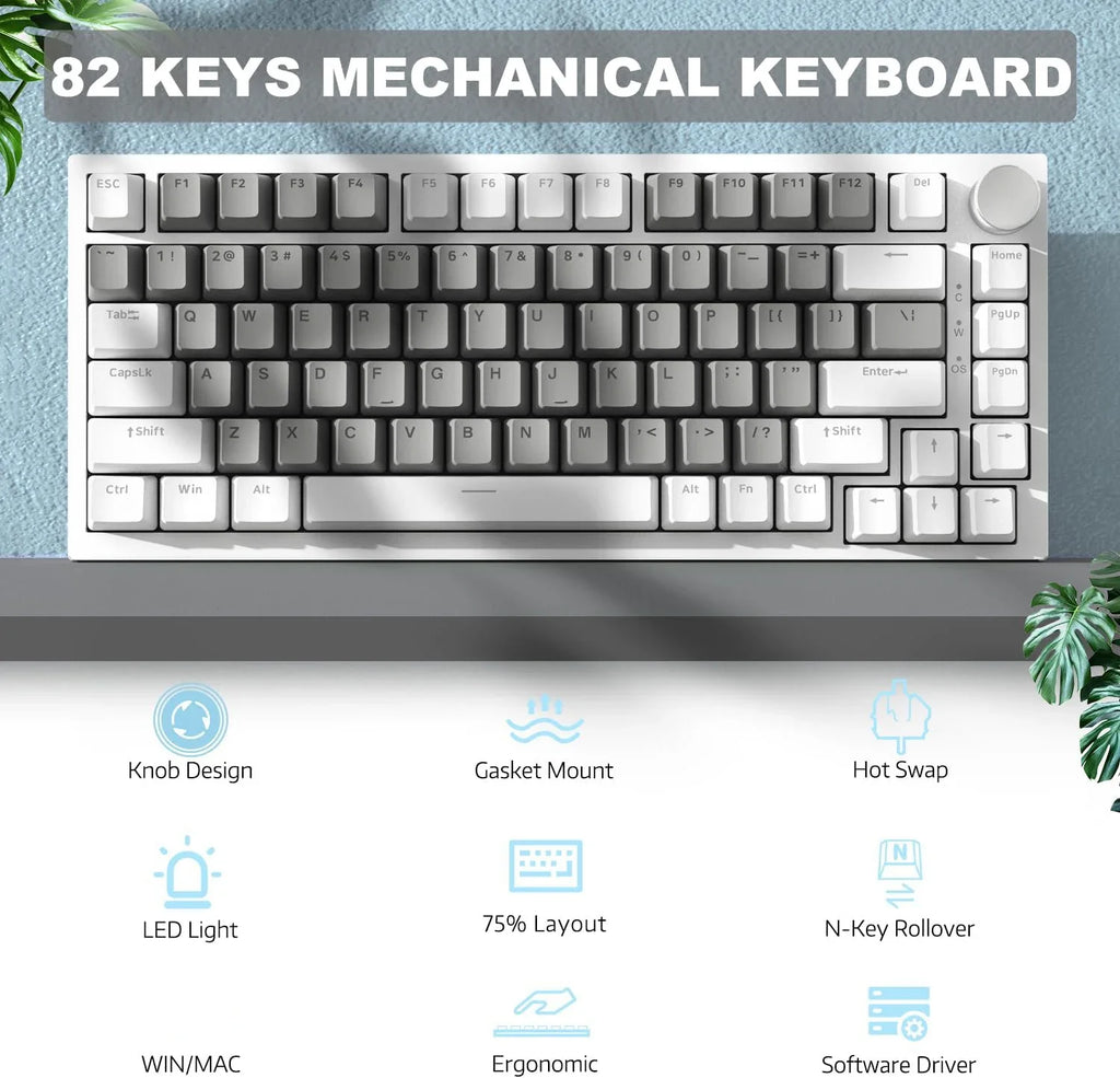 82-Key Hot-Swappable Mechanical Keyboard with Rotary Volume Knob, USB Wired & 2.4GHz Wireless, Monochrome Backlight