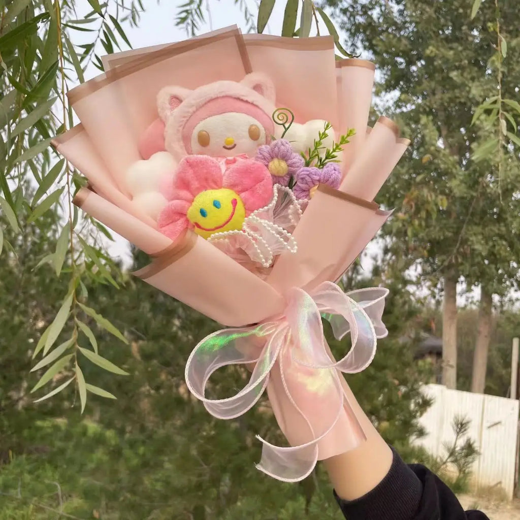 Kawaii Cat Plush Bouquet with Artificial Flowers — Cute Plush Doll Gift for Her, Valentine, Birthday, Graduation