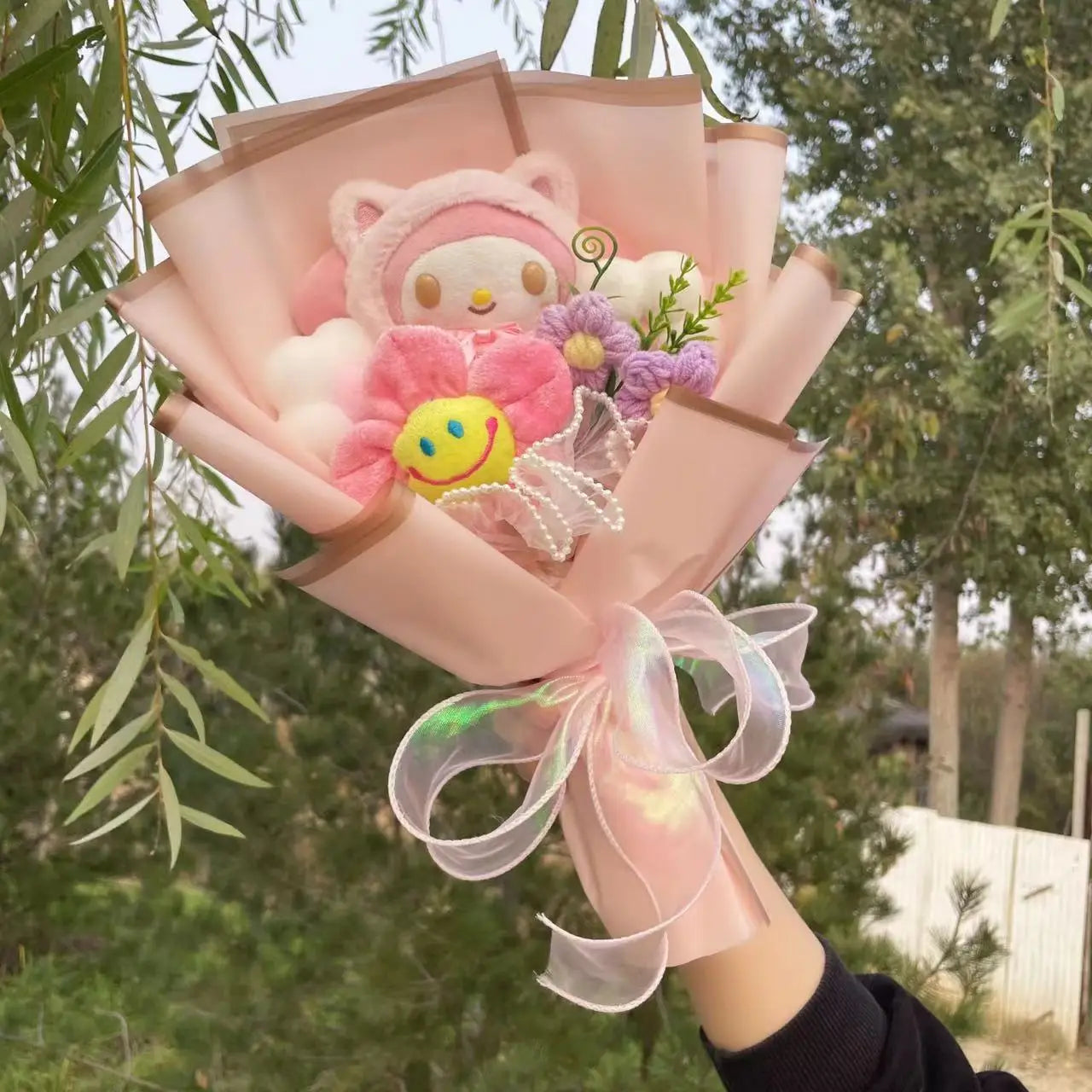 Kawaii Cat Plush Bouquet with Artificial Flowers — Cute Plush Doll Gift for Her, Valentine, Birthday, Graduation