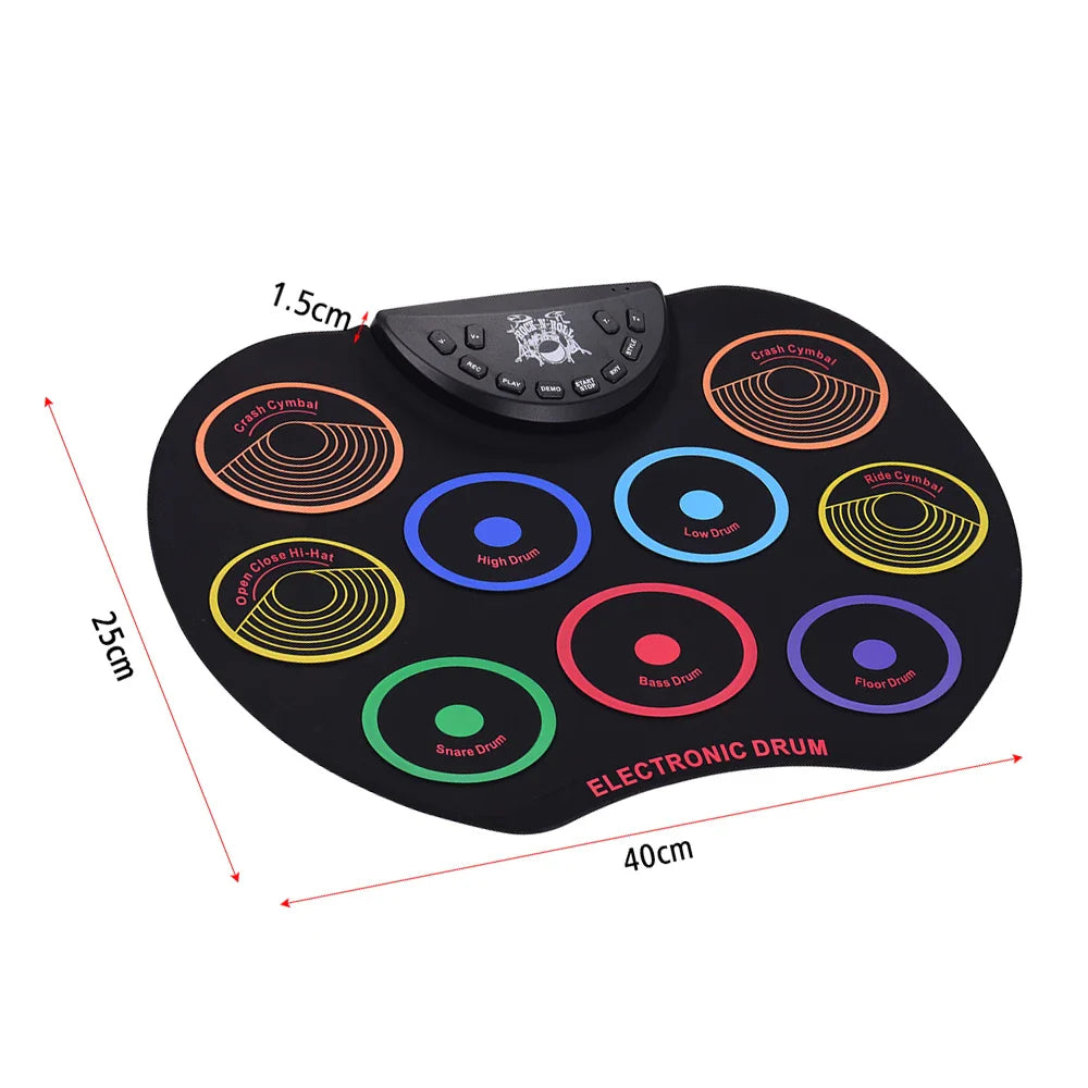 Portable Roll-Up Electronic Drum Kit - 9 Silicone Pads USB/Battery Powered with Drumsticks & Foot Pedal