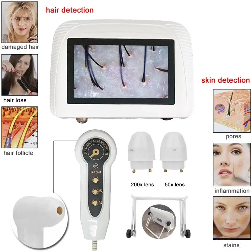 5-Inch (12.7 cm) Skin & Hair Analyzer — Rechargeable Dermoscope with 50x/200x Lenses, Scalp & Follicle Detector