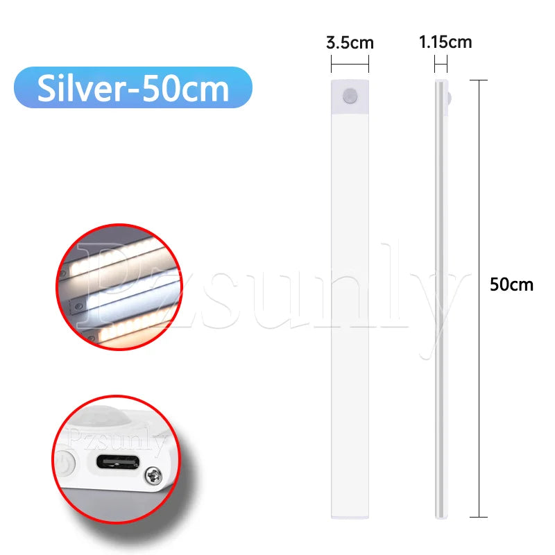 USB Rechargeable LED Motion Sensor Bar Light — Dimmable 3-Color Under-Cabinet Night Light, 10/20/30/40/50 cm (4–20 in)