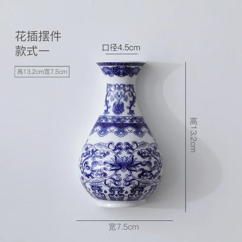 Antique Blue and White Porcelain Wall-Hanging Vase Ceramic Flower Container for Lucky Bamboo and Living Room Decor