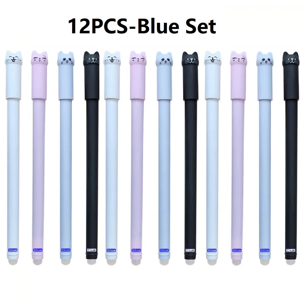 4/6/12-Pack Kawaii Cat Erasable Gel Pens 0.5mm Black & Blue Ink Refillable Cute School & Office Stationery