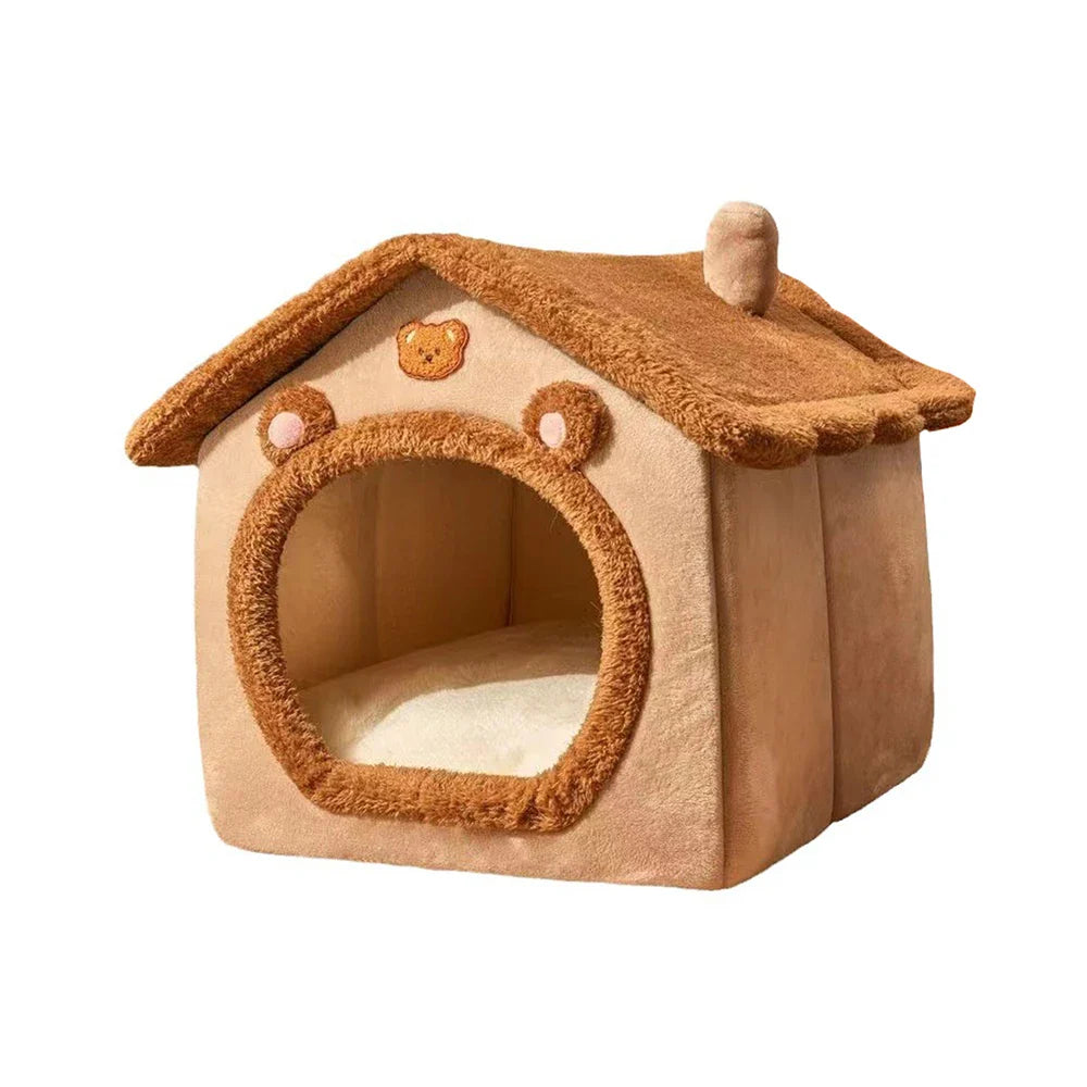 Teddy Bear Plush Enclosed Pet Bed – Cozy Cat & Small Dog Nest, Brown
