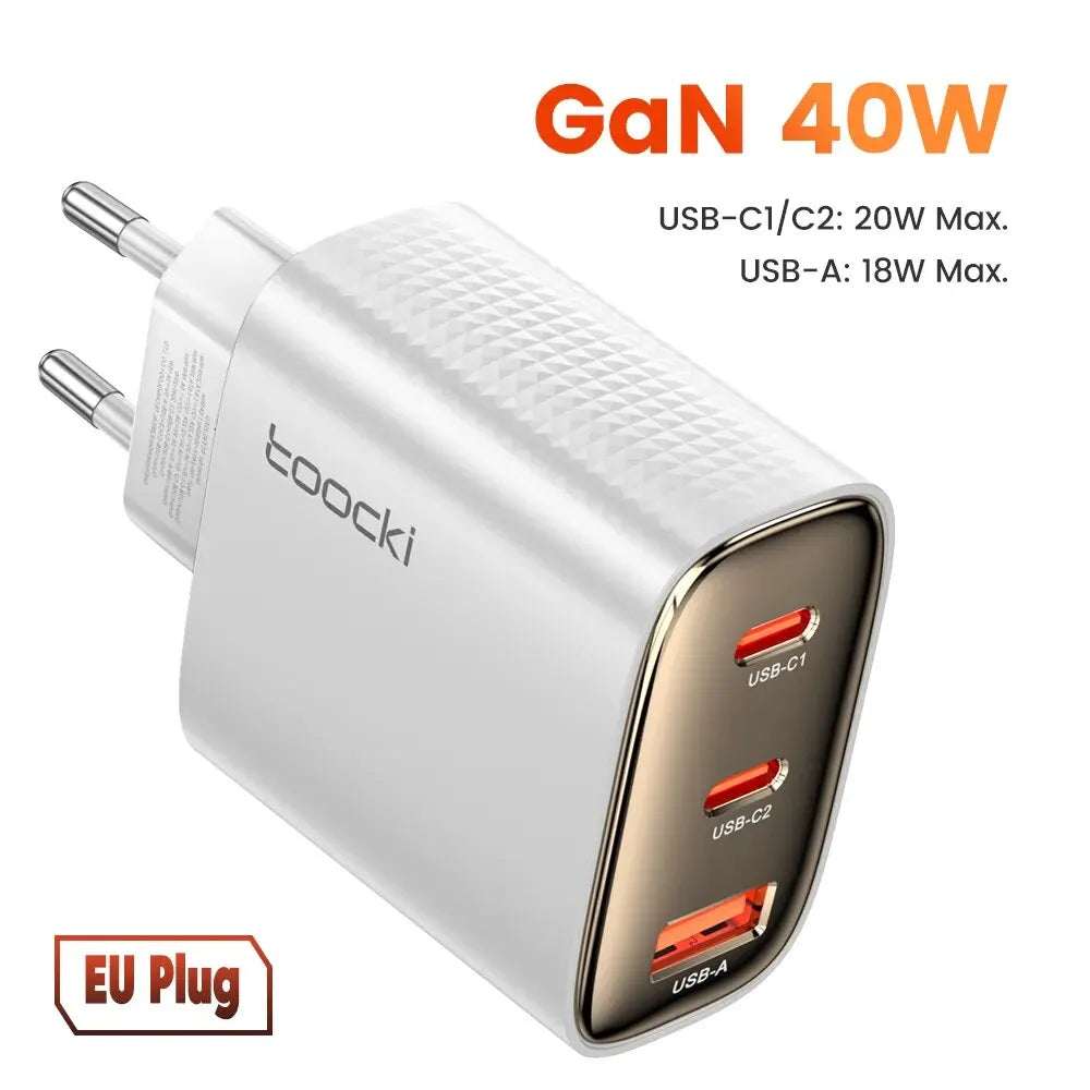 40W GaN 3-Port USB Fast Charger – Dual USB-C PD + USB-A QC4.0 Compact Travel Wall Charger
