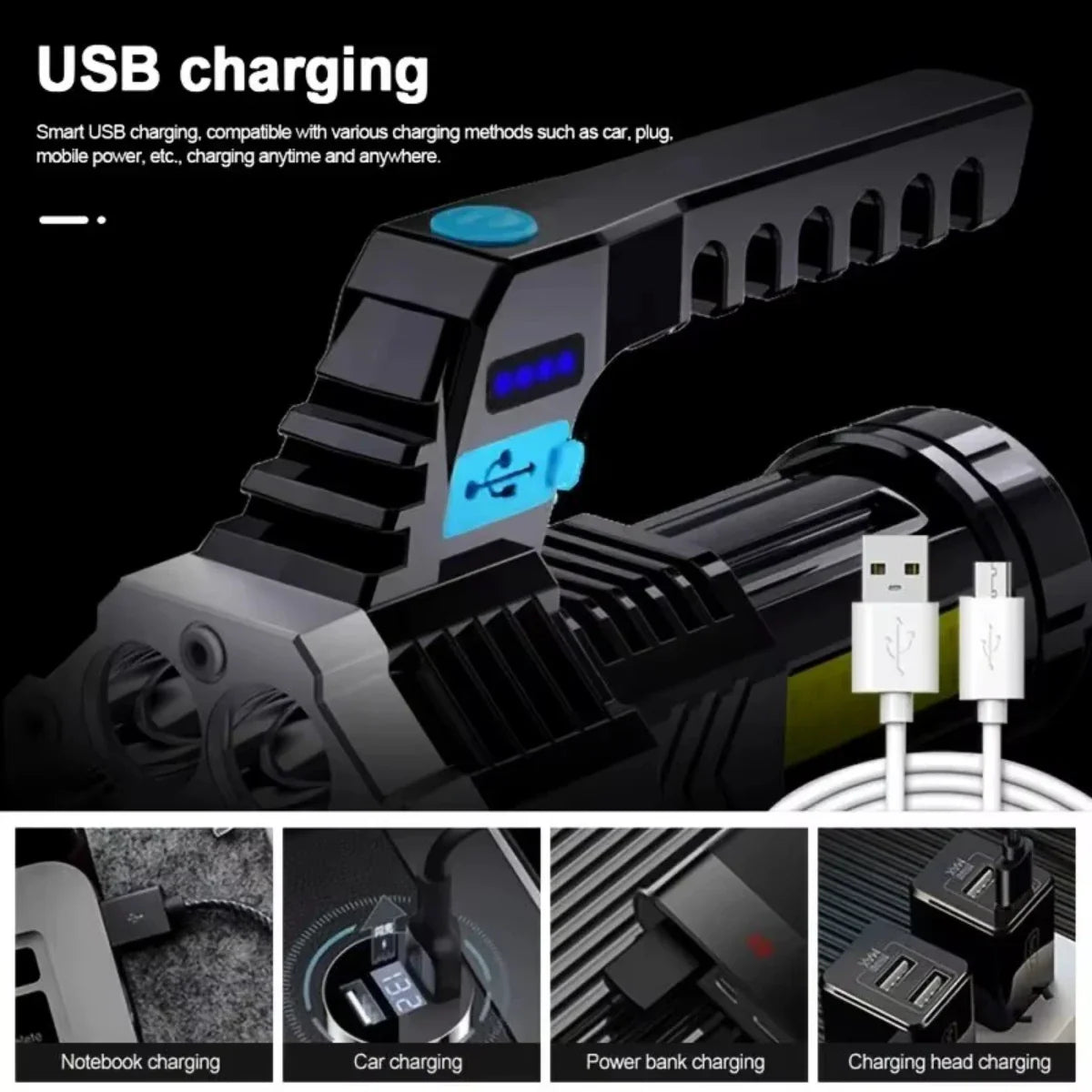 7-LED Rechargeable High-Power Flashlight with COB Side Light – USB Charging, Waterproof for Camping, Fishing & Hiking