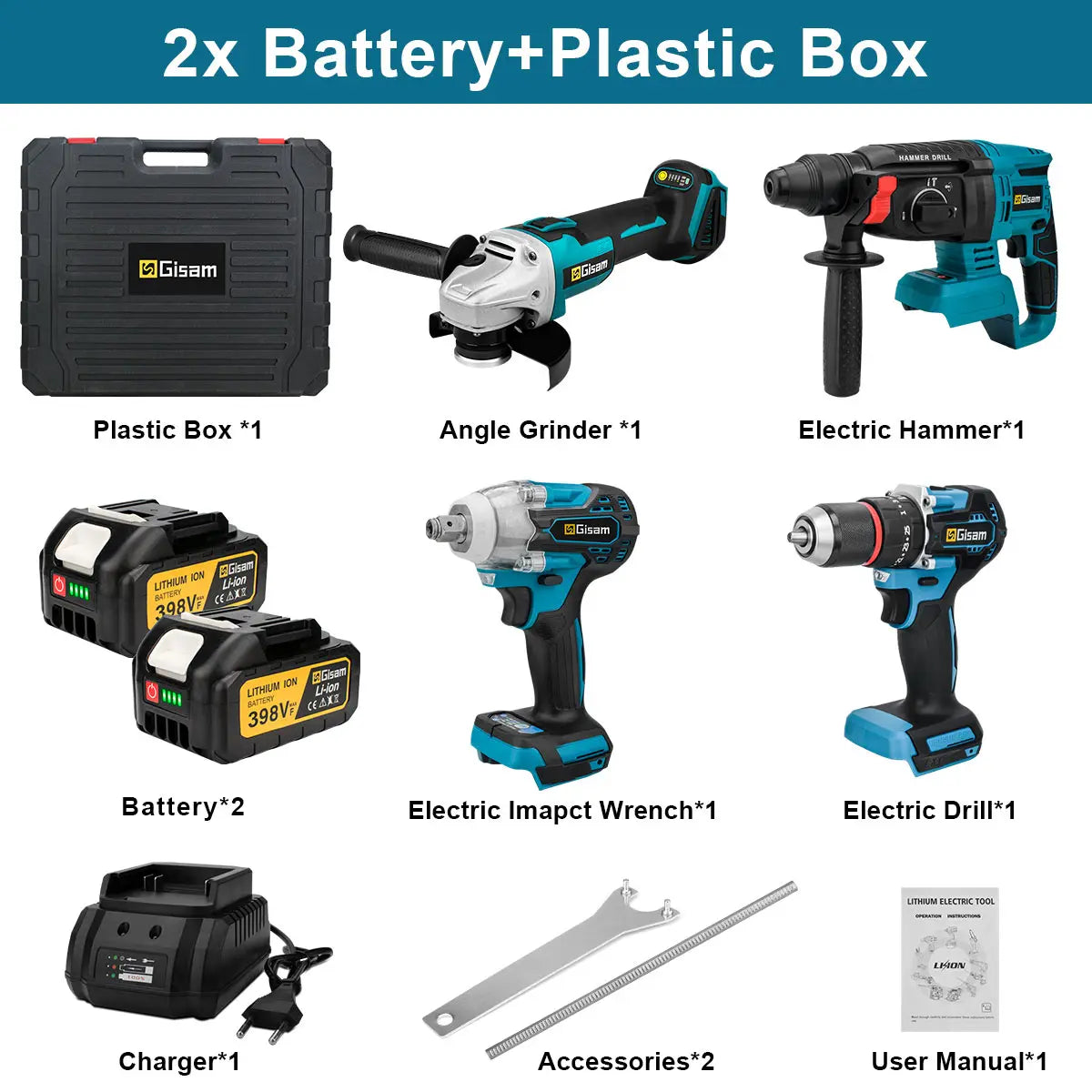 4-in-1 Brushless Cordless Power Tool Kit - Impact Wrench, Drill, Angle Grinder & Hammer - 18V Battery Pin Compatible