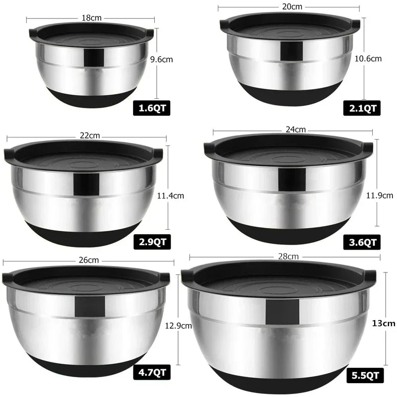 6-Piece Stainless Steel Mixing Bowls with Lids & Silicone Non-Slip Bases — Thickened Baking and Salad Bowls