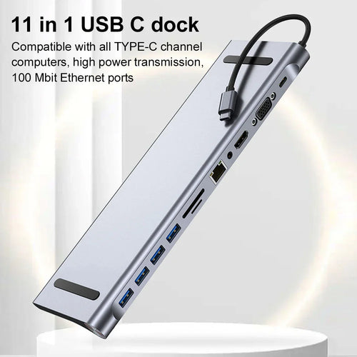 11-in-1 USB-C Docking Station Hub — 4K HDMI, VGA, 100W PD, 100Mbps Ethernet, SD/TF Card Slots, Audio, USB 3.0 + 3x USB 2.0