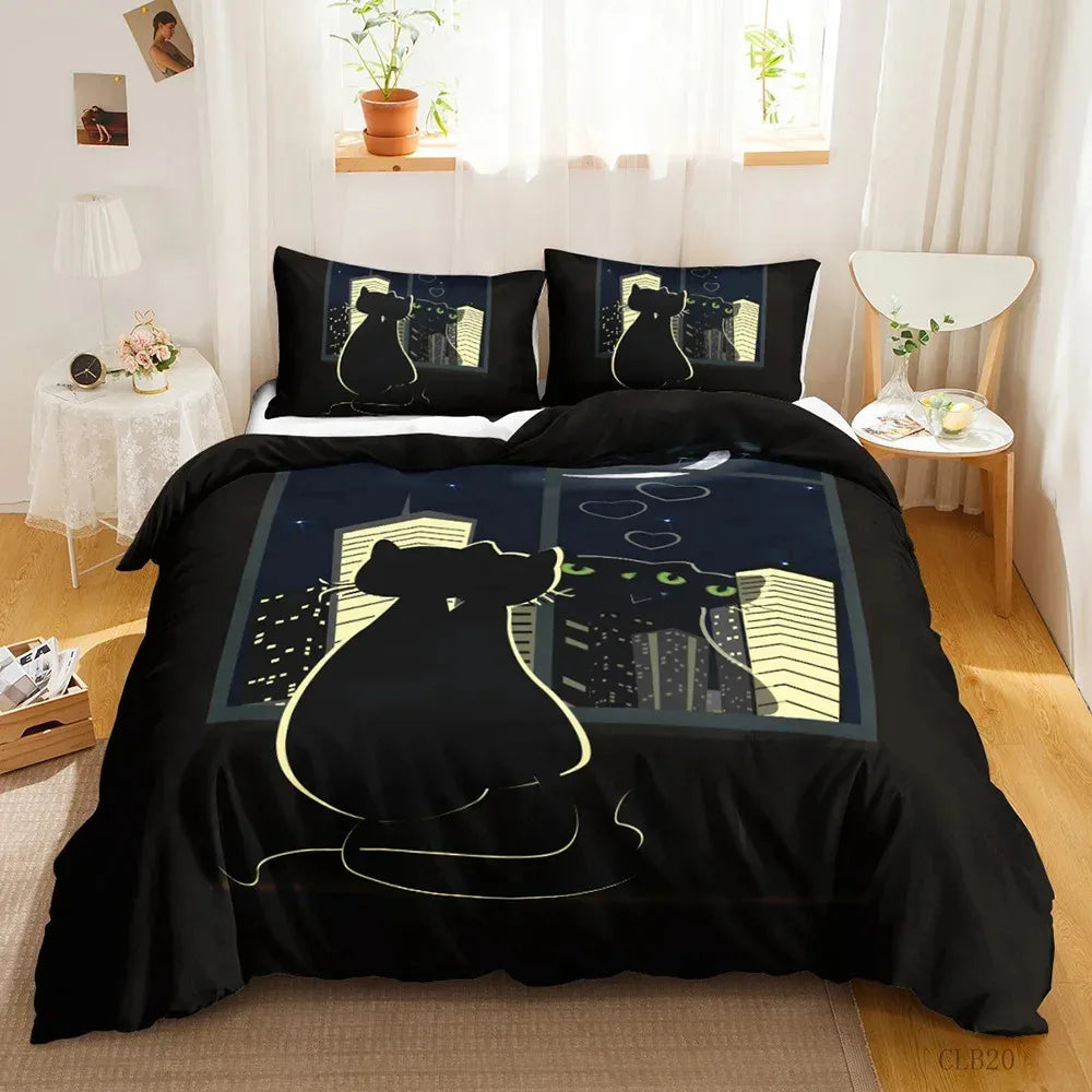 3-Piece Cute Cat Duvet Cover Set - Single-Sided Printed Cartoon Comforter Cover with Pillowcases