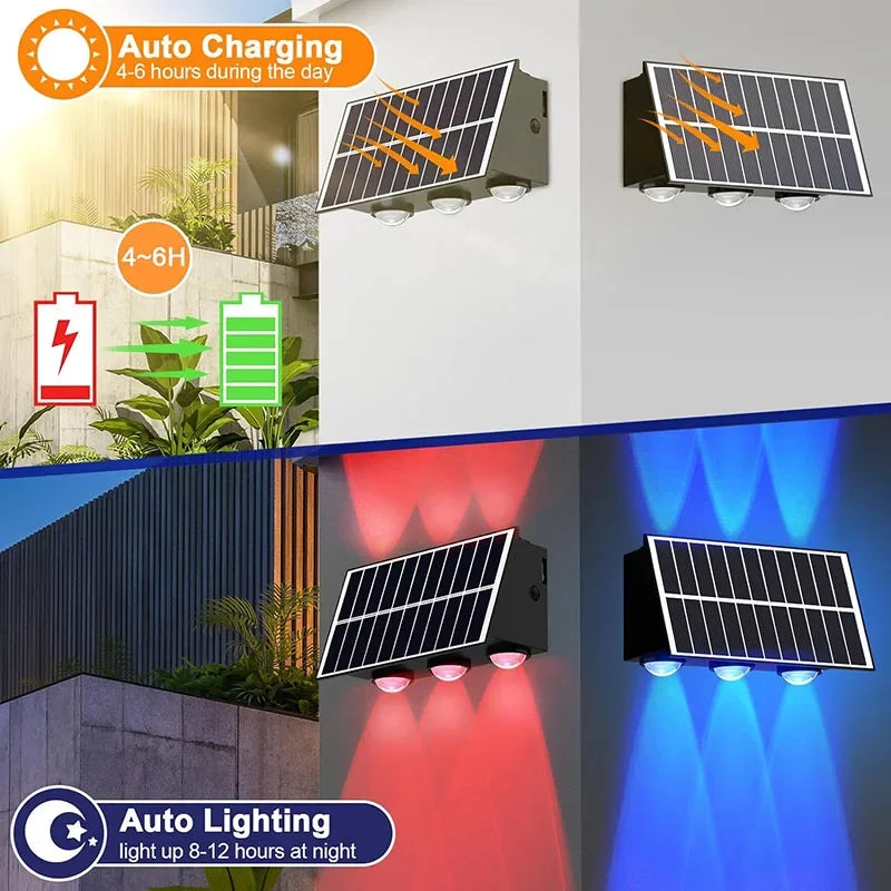 Solar Up and Down Wall Light 4/6/8-LED Waterproof Outdoor LED Wall Washer for Fence Yard Porch Walkway